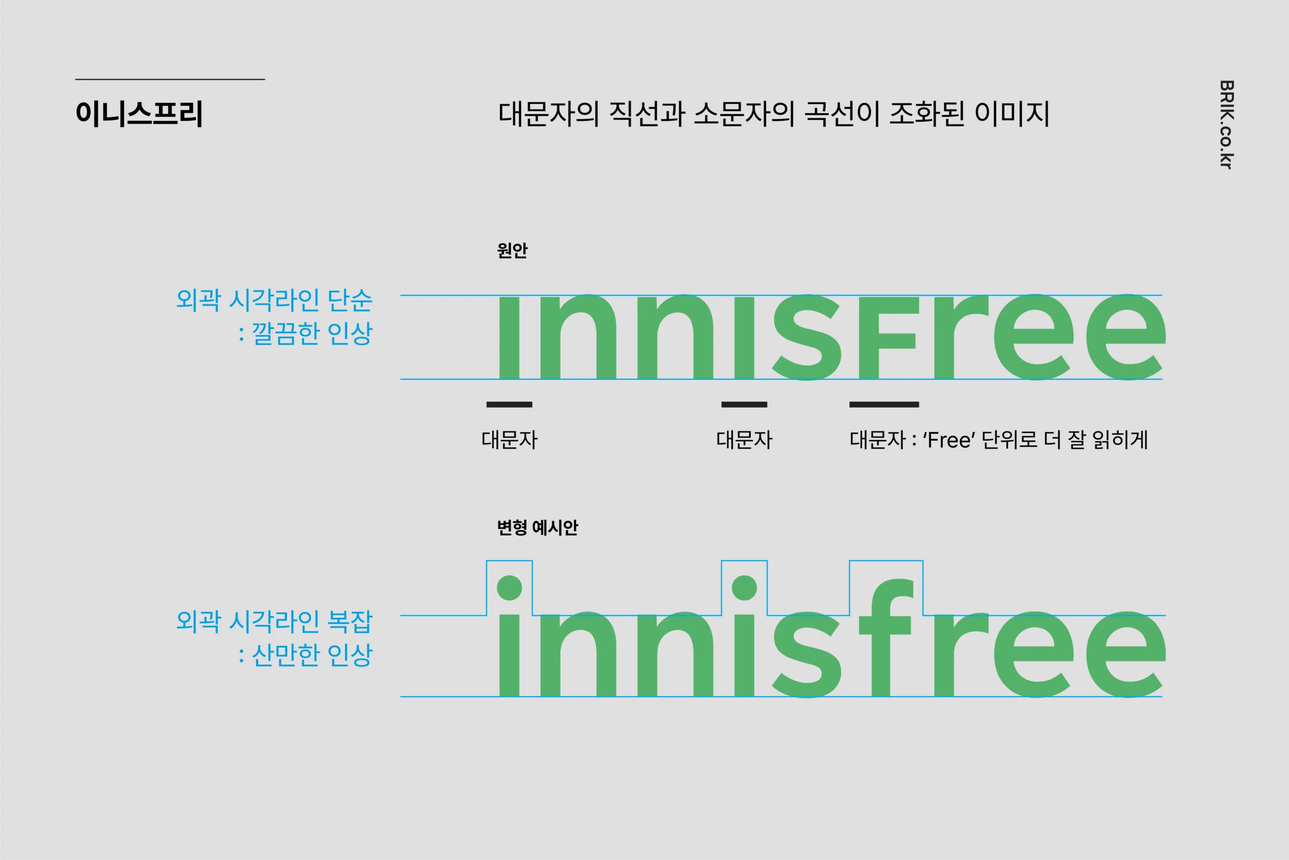 이니스프리 innisfree 로고 분석 - 대문자의 직선과 소문자의 곡선을 섞어 외곽 라인을 정돈한 대소문자 혼합 디자인