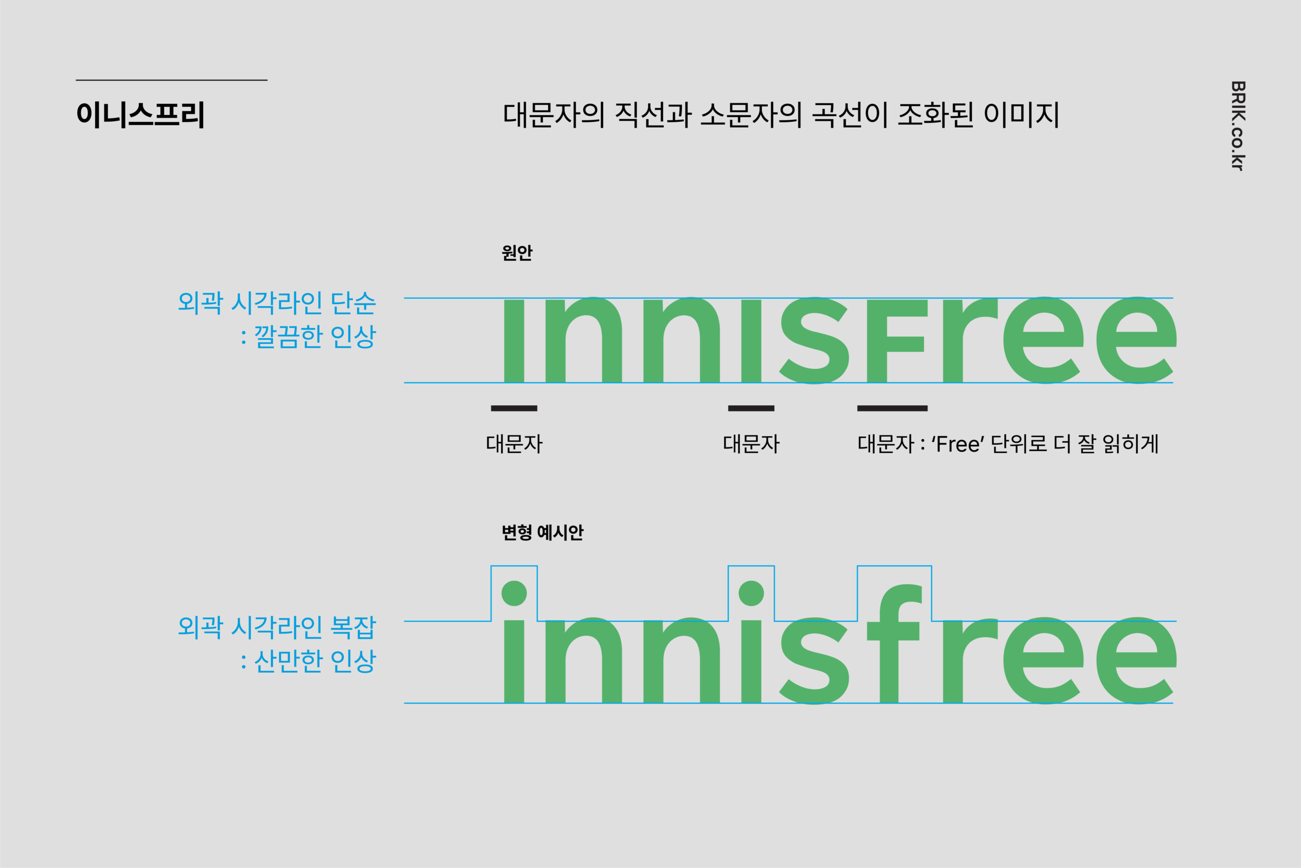 이니스프리 innisfree 로고 분석 - 대문자의 직선과 소문자의 곡선을 섞어 외곽 라인을 정돈한 대소문자 혼합 디자인