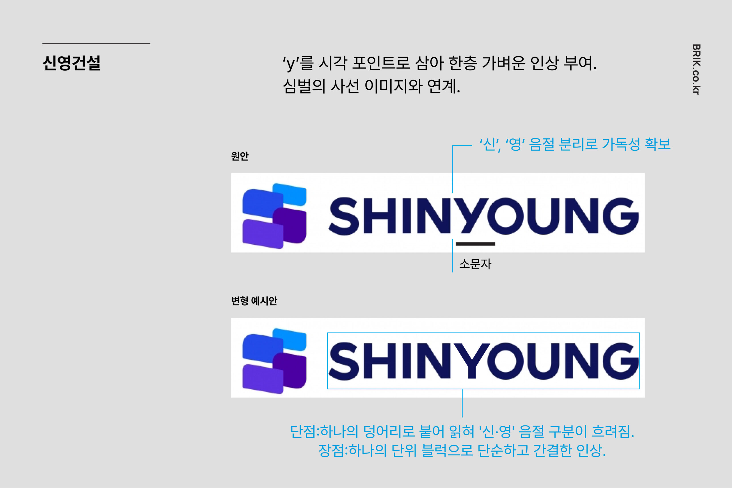 신영건설 SHINYOUNG 로고 분석 - SHIN과 YOUNG 사이 소문자 y로 음절을 분리해 가독성을 확보한 원안과 대문자 변형 예시안 비교